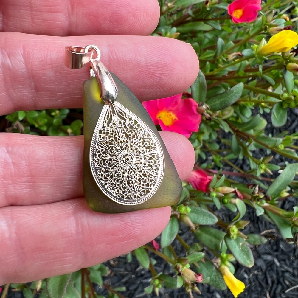 Hand Crafted Green Sea Glass Necklace Pendant with a Gold Filigree Charm